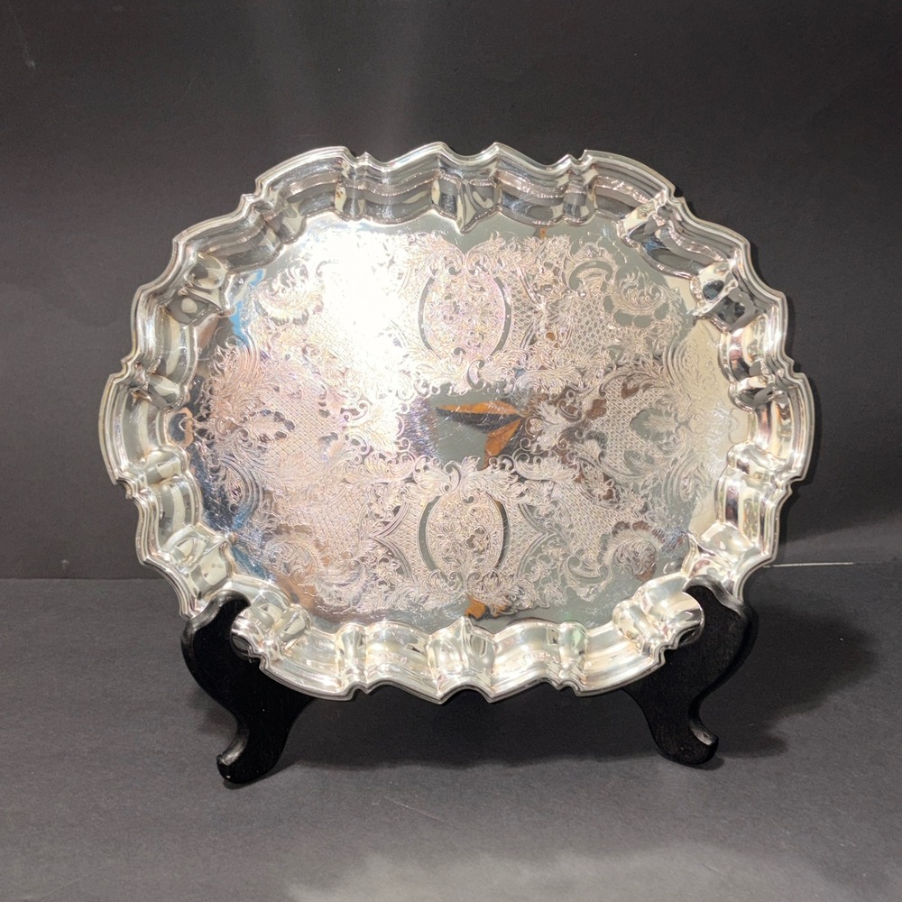 Vtg 1978 LEONARD Silver Plated Chippendale Tray 14"x11" #520 Footed Scalloped